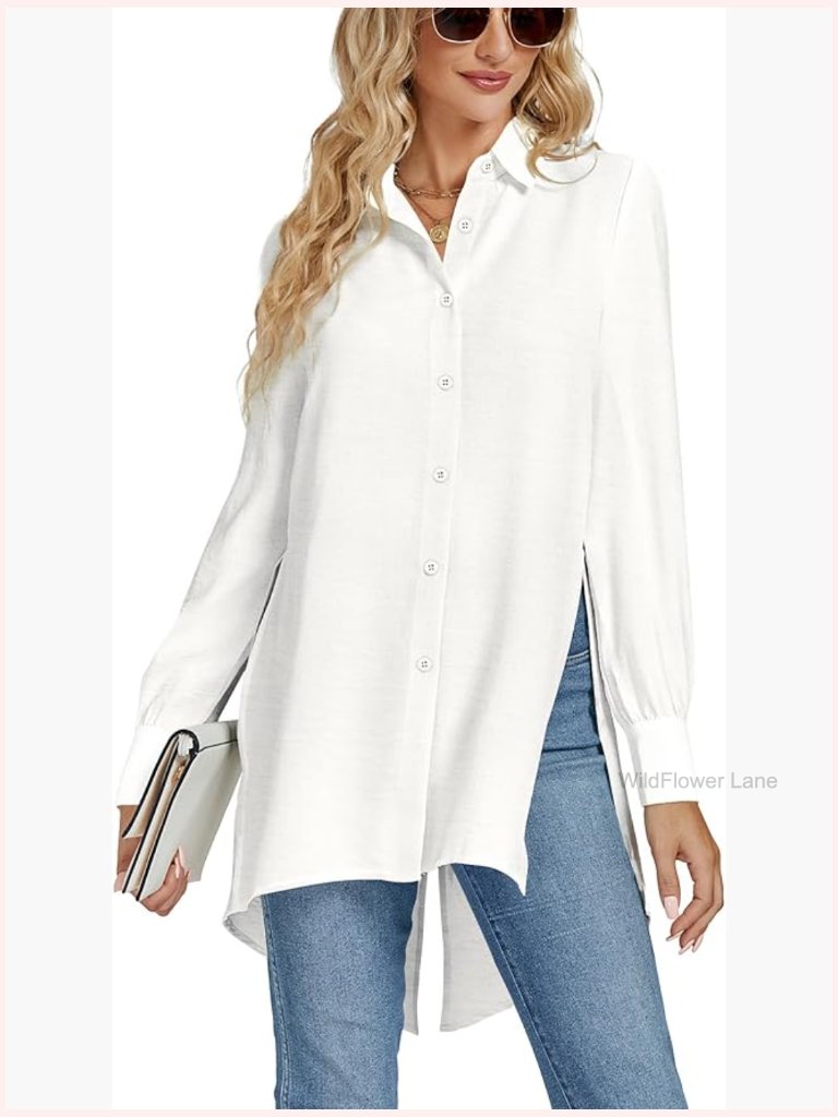 V Neck Split Hem Button Down Long Sleeve Tunic Top Blouse